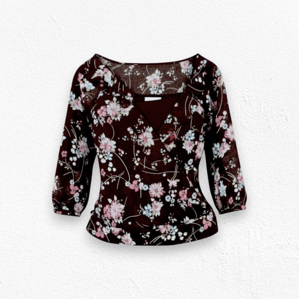 LOFT Brown Floral Cottage Bishop Sleeve V Neck Cropped Wrap Blouse Size 6
